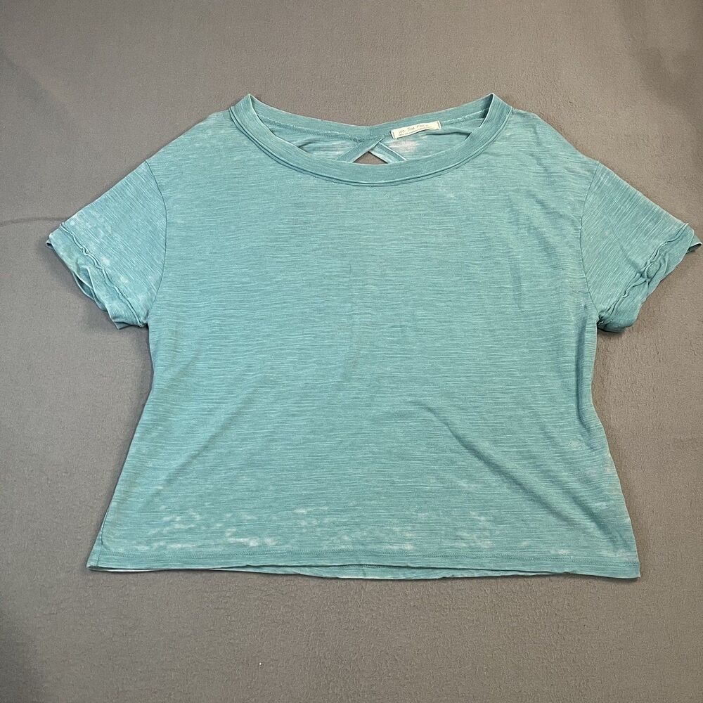 We the Free Teal Criss cross Open Back T Shirt Top Boxy Beachy Acid Wash Size S